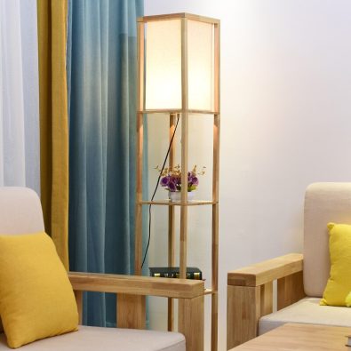 Modern LED Decorative Wooden Loft Floor Lamp Black White Standing Lamp with Table Storage Shelf for